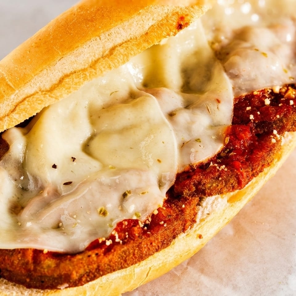 Close-up of a chicken parmesan hero sandwich with melted mozzarella cheese and marinara sauce.