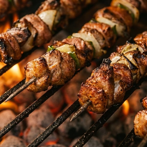 Skewers of grilled meat and vegetables cooking over hot coals with visible flames.