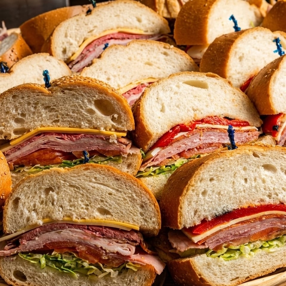 A wicker basket filled with many deli sandwiches, some with sesame seed buns, cut in half.