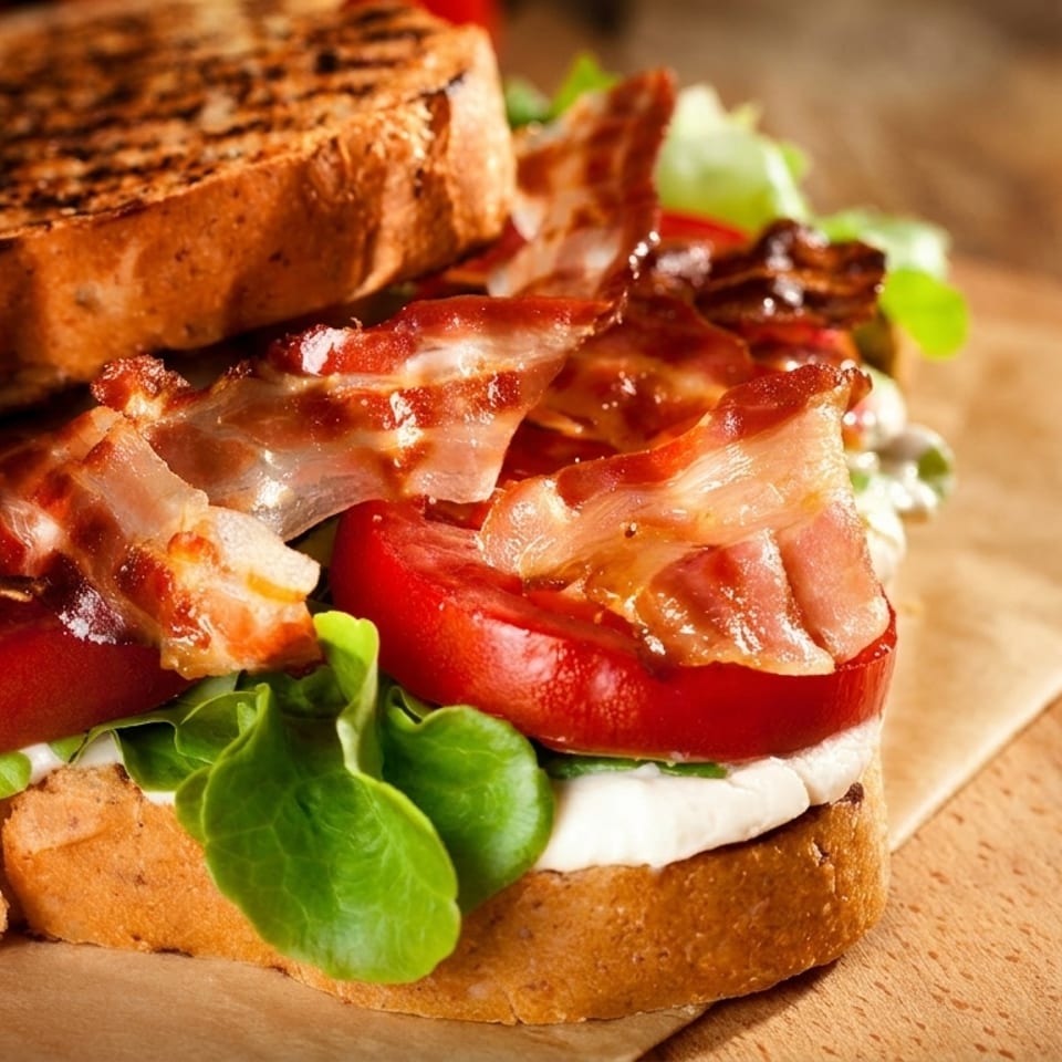 A delicious BLT sandwich with crispy bacon, fresh tomatoes, and lettuce on toasted bread.