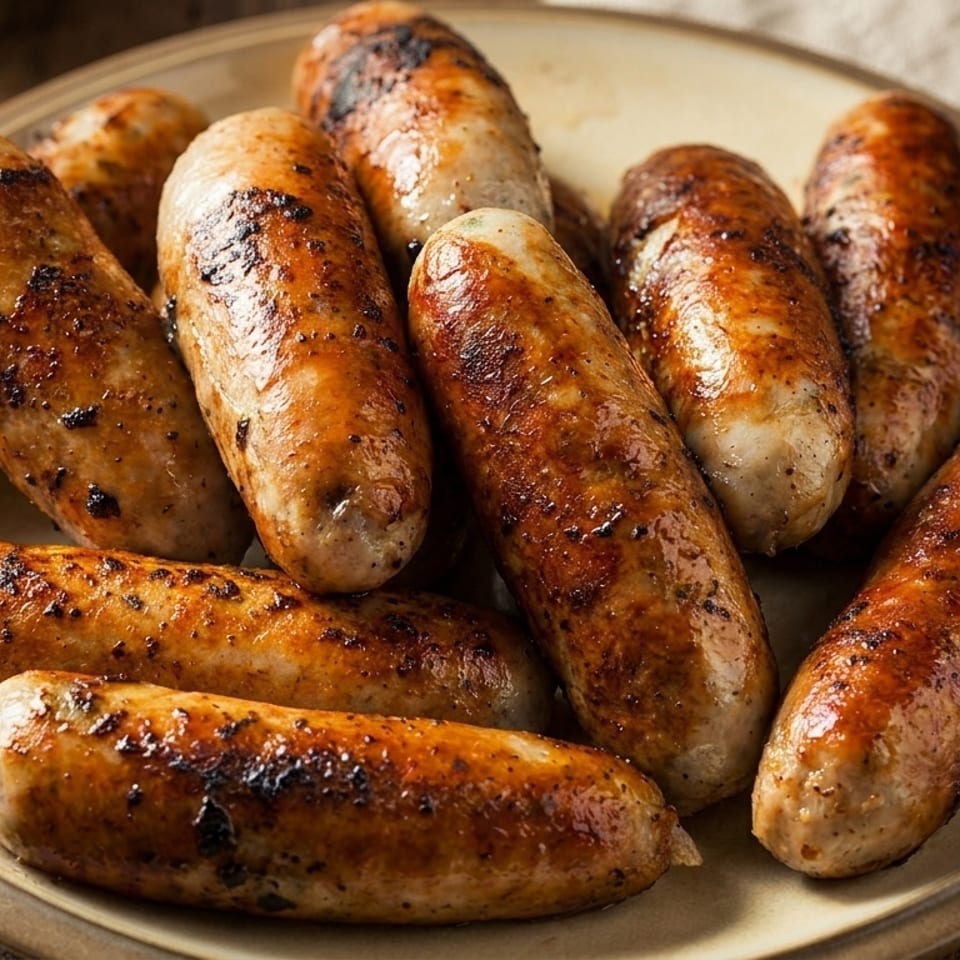 A plate of grilled sausages with browned, crispy skins, on a rustic wooden table.