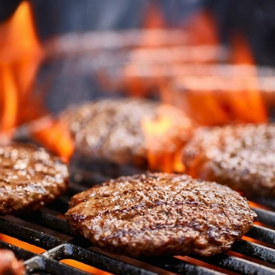 Hamburgers and hot dogs cooking on a grill with flames rising around them.