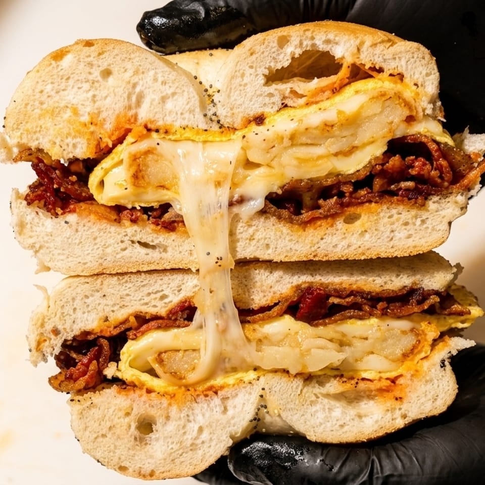 Hands in black gloves hold a sliced bagel sandwich with melted cheese, bacon, and eggs.