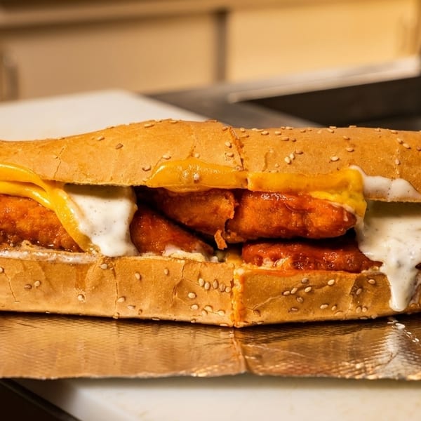 A buffalo chicken sub sandwich with melted cheese and ranch dressing on foil.