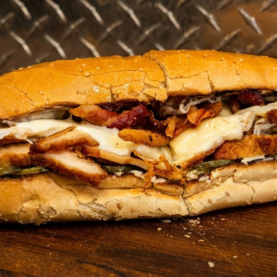 A large, toasted sub sandwich filled with crispy chicken, melted cheese, bacon, and pickles.
