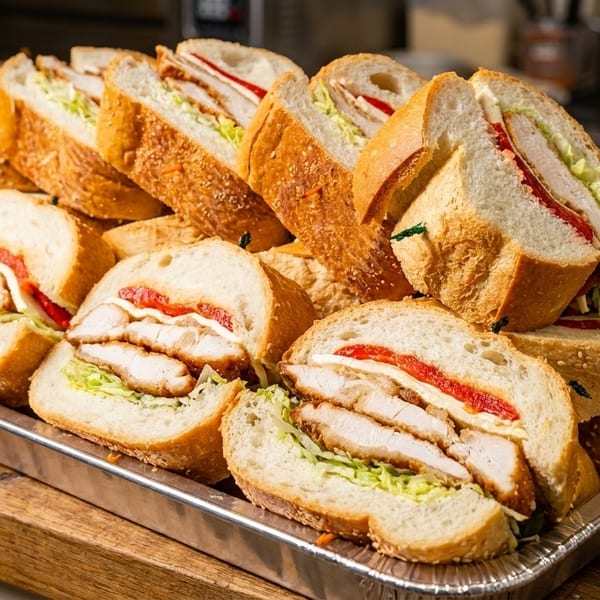 A catering tray filled with many chicken cutlet sandwiches on sesame seed rolls with lettuce and red peppers.