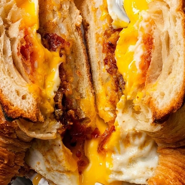 Hands in white gloves hold a croissant sandwich filled with bacon, egg, and melted cheese.