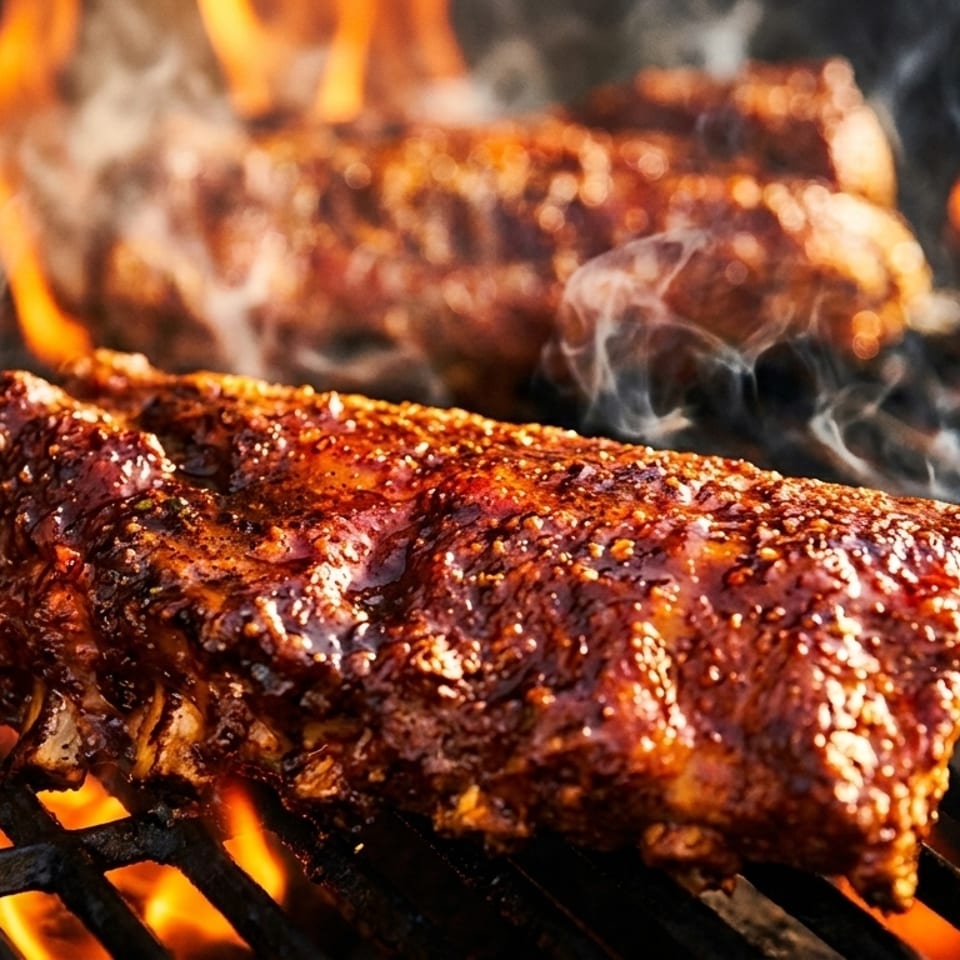 Two racks of ribs grilling over open flames with smoke rising, coated in a dark, glossy sauce.