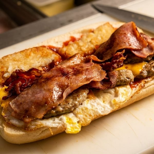 A breakfast sandwich with bacon, sausage, egg, cheese, hash browns, and ketchup on a bun.